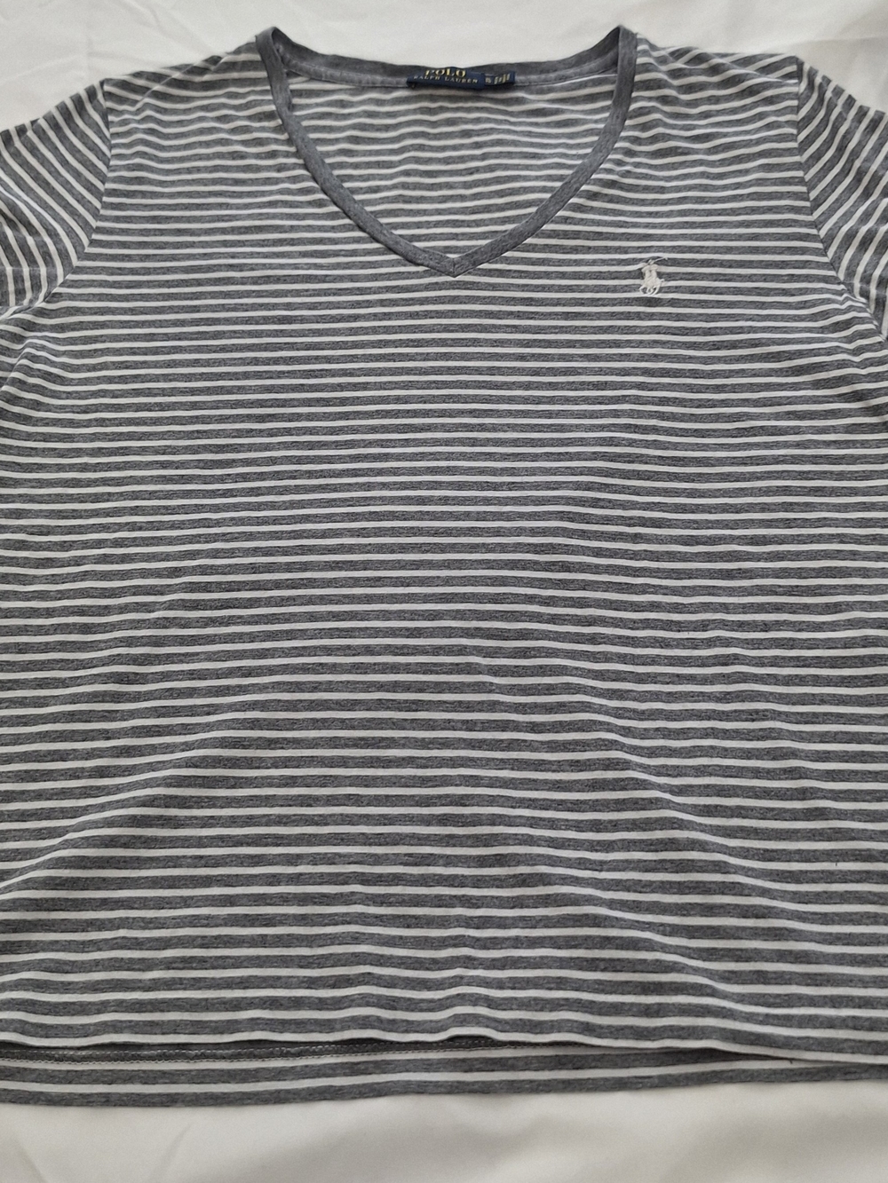 Polo Ralph Lauren Grey White Striped V-Neck T-Shirt Women XL Short Sleeve